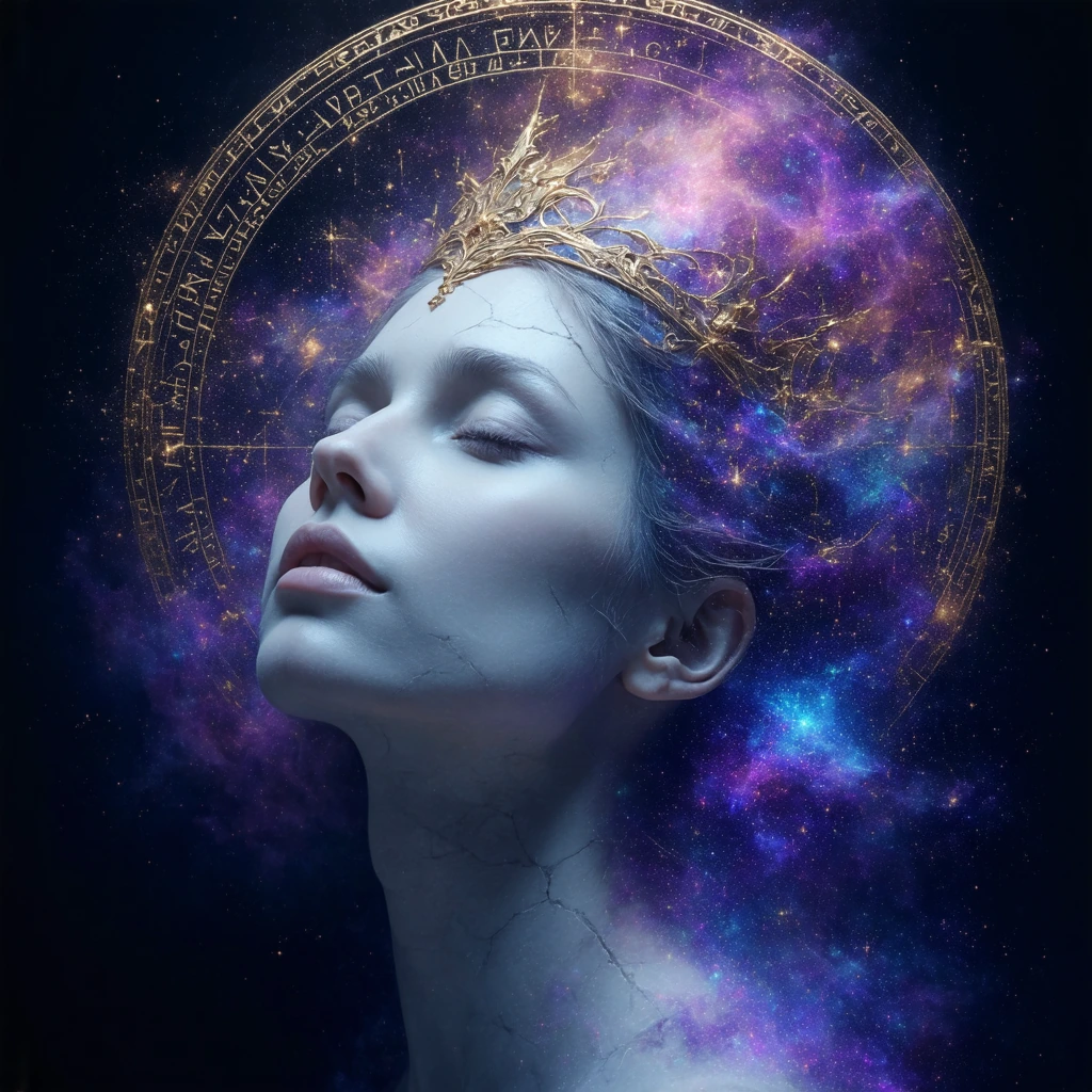 Surreal ethereal portrait of a serene feminine face sculpted from pale marble with subtle hairline cracks, eyes closed in tranquil introspection, three-quarter view, centered composition; her hair dissolves into a swirling cosmic nebula filled with s
