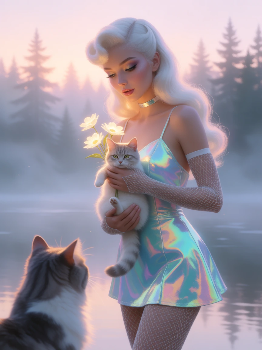 A misty pine forest at Dawn, very soft, lighting, ethereal quality, pastel painting Closeup gorgeous futuristic woman guardian, white hair, 1940s hairstyle, with her cat, hair glowing in the morning light. She wears futuristic white fishnet leggings