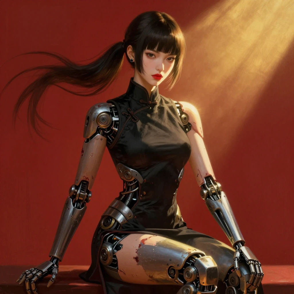 masterpiece, best quality, absurdres, very aesthetic, semi-realistic illustration, painterly digital art, cinematic lighting, 1girl solo, sitting pose