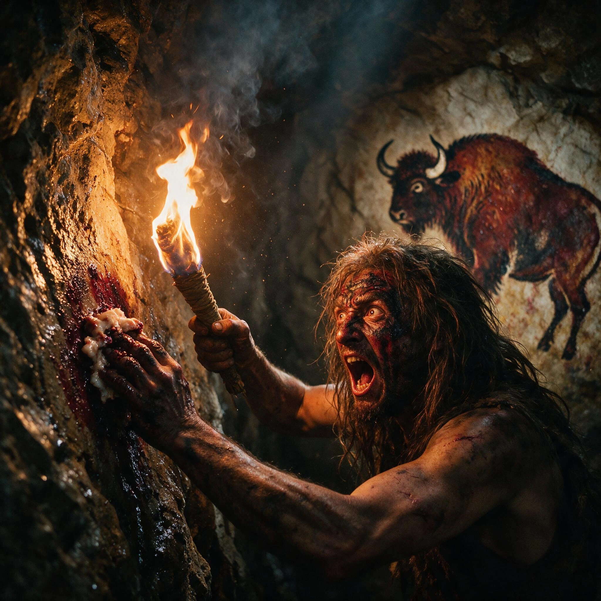 A cinematic close-up inside a prehistoric cave, not plunged into darkness, but lit by the harsh, flickering orange glow of a burning pine torch, held dangerously close to a damp limestone wall. A prehistoric artist, with long, shaggy hair, his face s