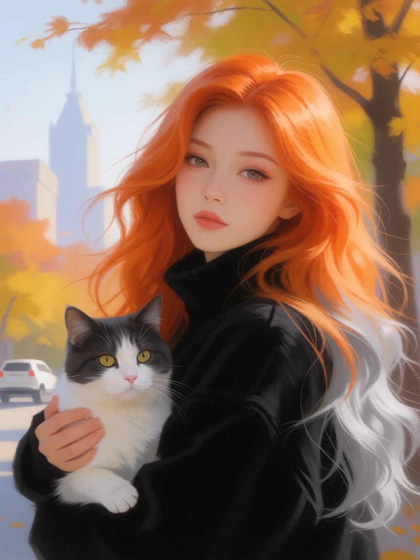 Beautiful woman with long flowing orange black hair with silver tips, with her cat. Autumn day, Artistic quality, ethereal, pastel painting style, beautiful, city background