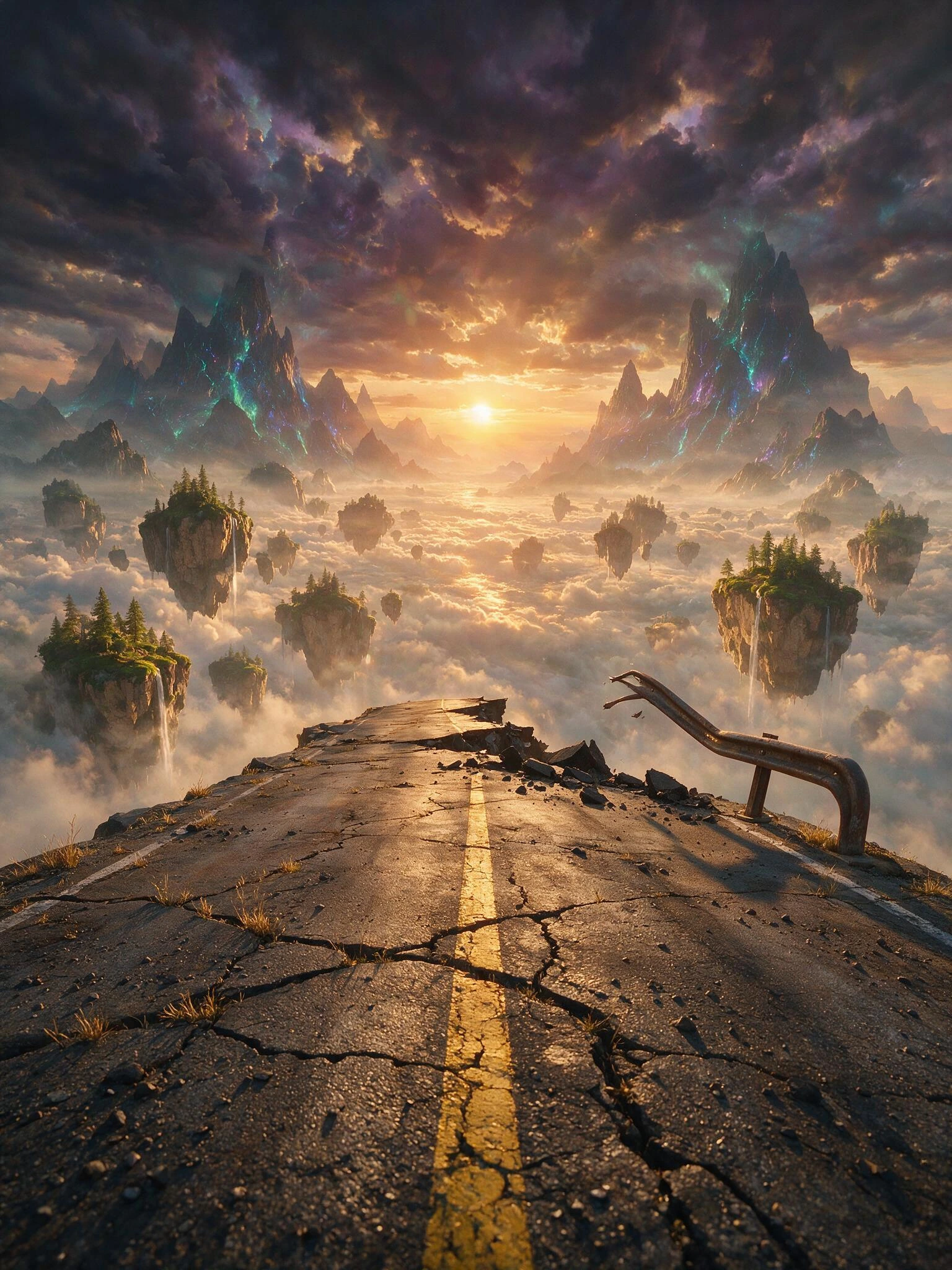 Capture a lone cracked asphalt highway abruptly terminating at the edge of a vast unknown, its faded yellow centerline running straight into empty air where the pavement simply stops and crumbles into jagged fragments over a bottomless misty chasm. R