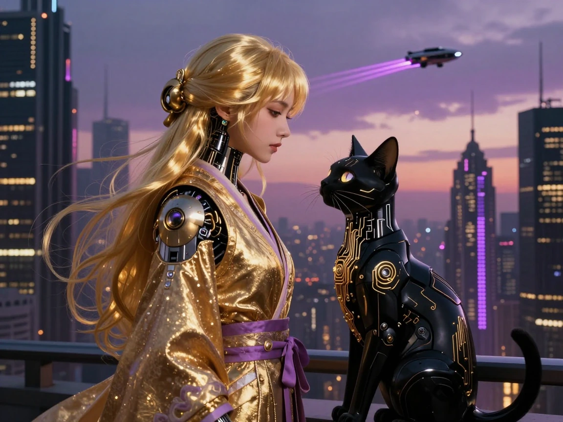 In a futuristic cityscape bathed in the twilight hues of black, gold, and mauve, a woman with flowing metallic gold hair stands beside a sleek, cybernetic cat. Her eyes reflect the neon lights of the distant skyline, while her attire blends tradition