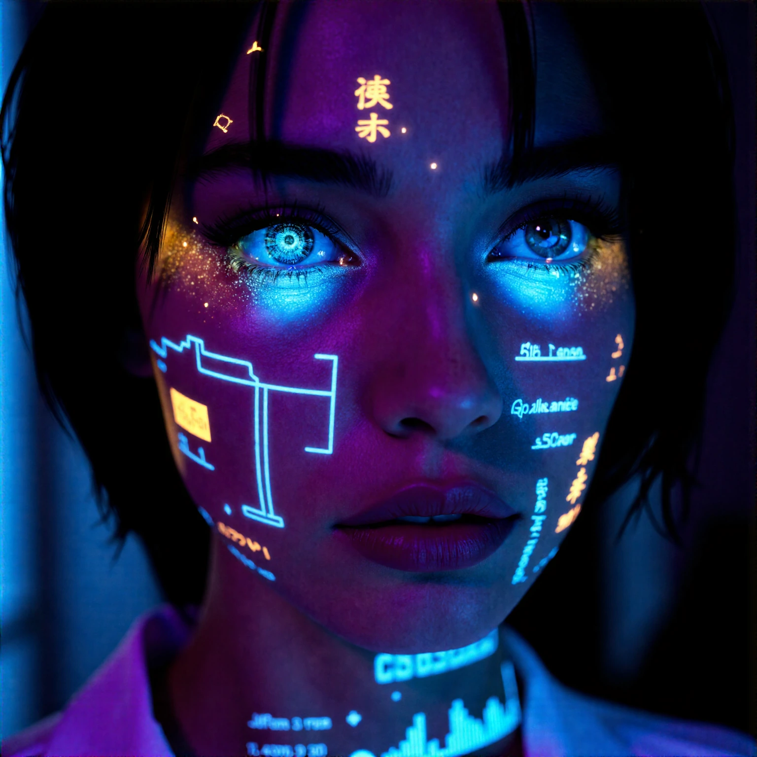 A close-up cinematic portrait of a beautiful cyberpunk woman, glowing vibrant blue eyes filled with reflection. Futuristic digital HUD graphics, holog