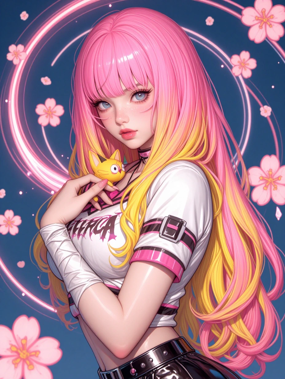 Beautiful cyberpunk girl, pink and yellow ombre hair, with a cat, manga illustration, 3-D, airbrushed, beautiful pose, cherry blossoms, swirls, and lights