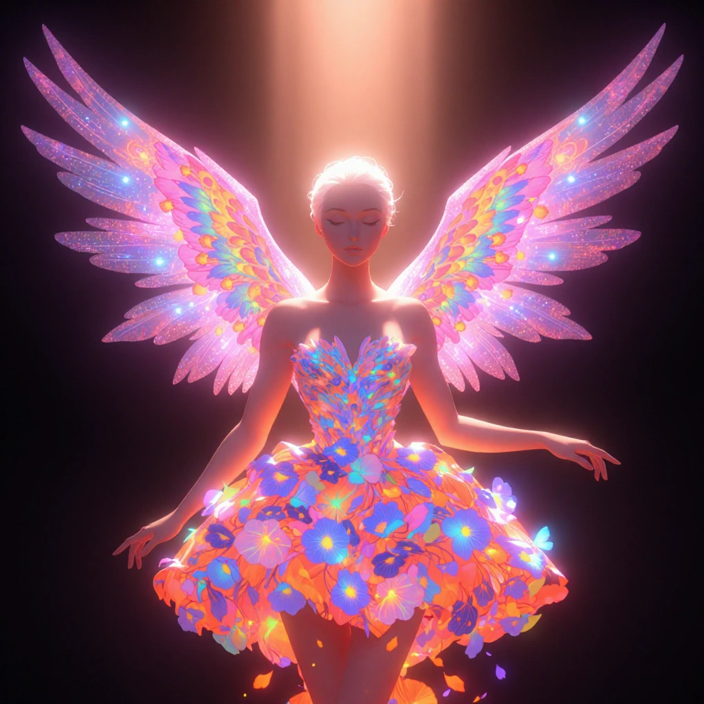 beautiful fairy with wings, full-body portrait, wearing a dress made of glowing petals, in the style of artgerm, full-length shot, warm colors, romant