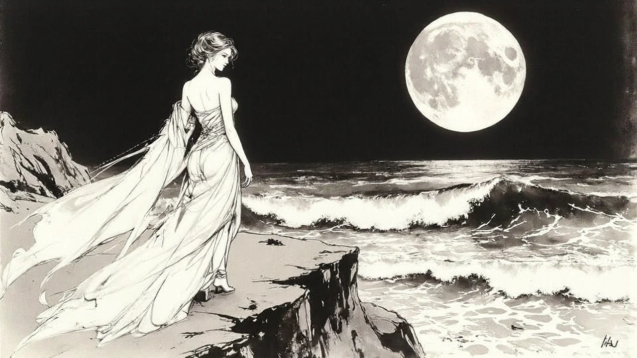 Extravagantly lined with intricate ink wash statuesque and curvaceous woman with flowing silks trailing her as she walks a cliff overlooking the crashing waves of the ocean with a large full moon in the night sky. Skillful use of negative space and m