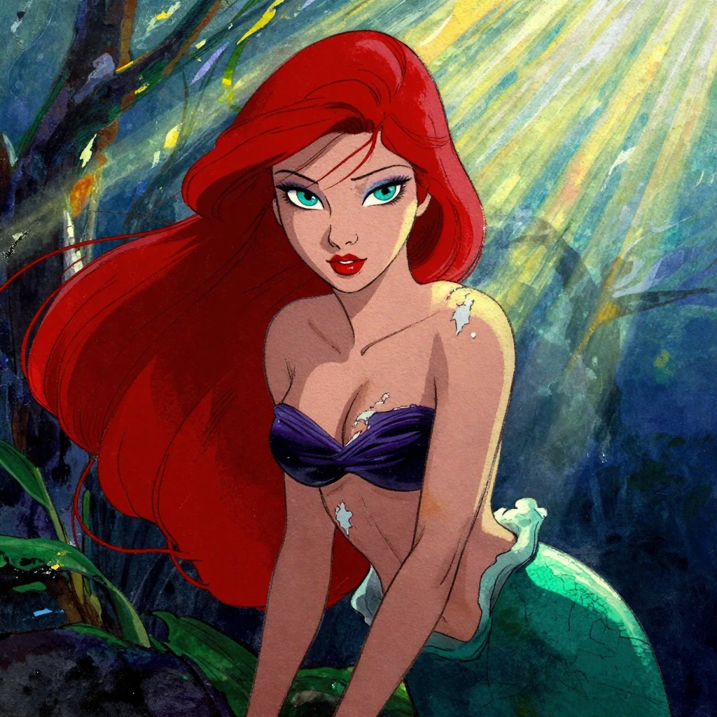 ariel, disney mermaid 1girl, fair skin, red lips, red hair, large aqua eyes, goth outfit, torn revealing clothes, goth makeup, looking at viewer, scor