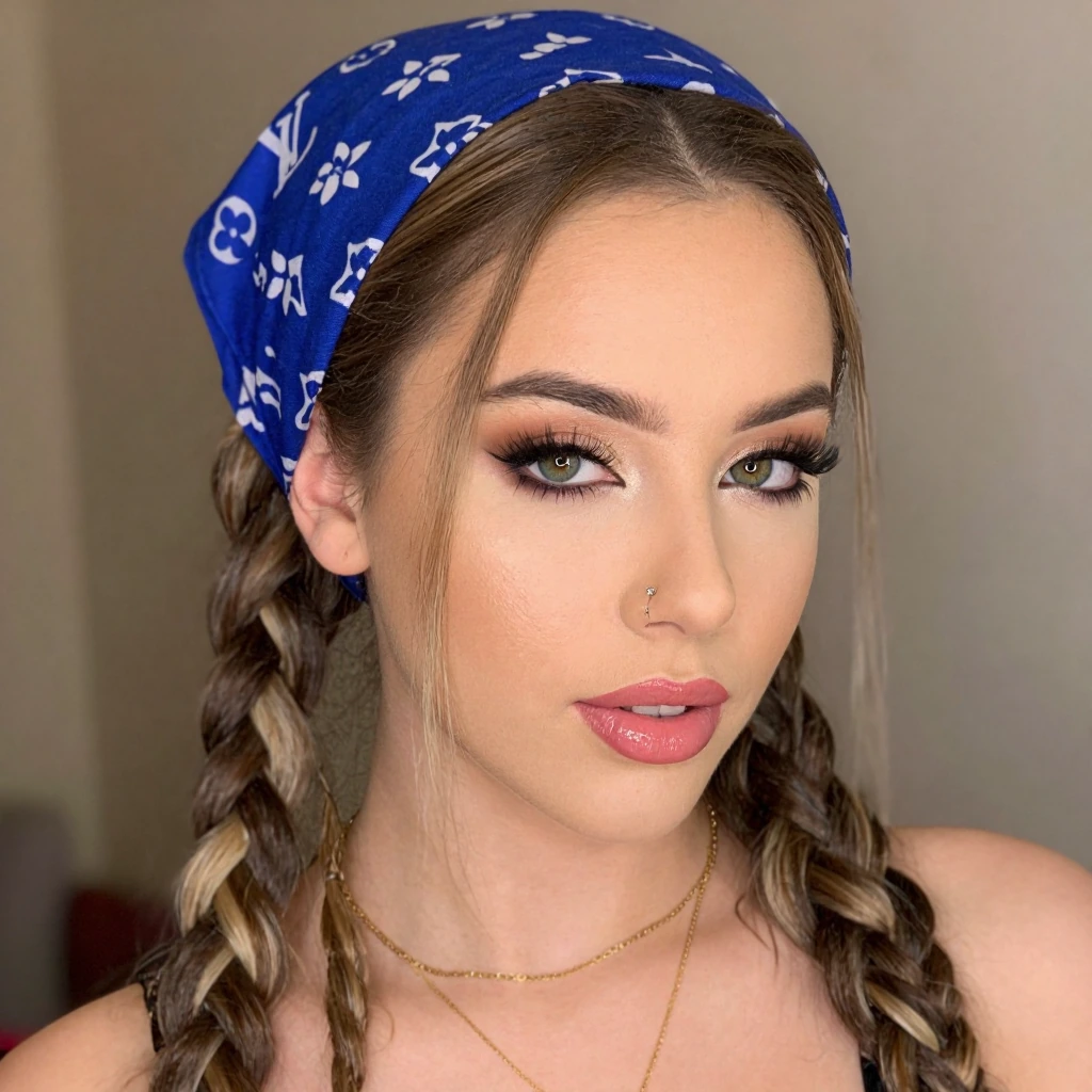 A close-up portrait of a young woman with vibrant, intricately styled braids cascading down her shouldersâeach braid featuring natural highlights in light brown, blonde, and dark roots that create depth and texture. She wears an elegant blue bandan