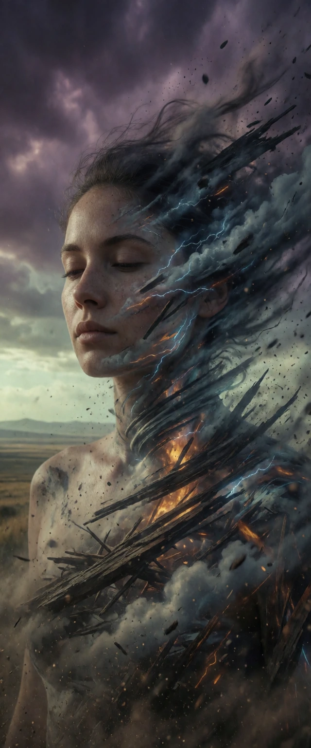 Woman's serene face melting into a dark tornado vortex at the shoulders—skin textures bleeding seamlessly into churning storm clouds, hair transforming into violent wind currents. Debris and splintered wood spiral within her body, caught by fractured