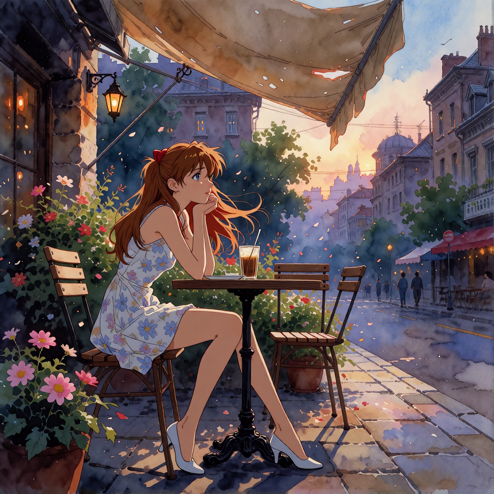Asuka Langley Soryu \(Evangelion\), sleeveless short floral dress, high heels, long legs, sitting at a quiet outdoor cafe table beneath a canvas canop