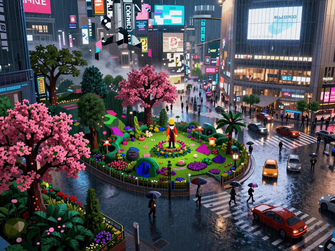 masterpiece, best quality, pixel art, (photorealistic lighting:1.4), 2.5d, HD2d, octopath traveler, (shibuya crossing at night:1.4), rain, heavy rain,