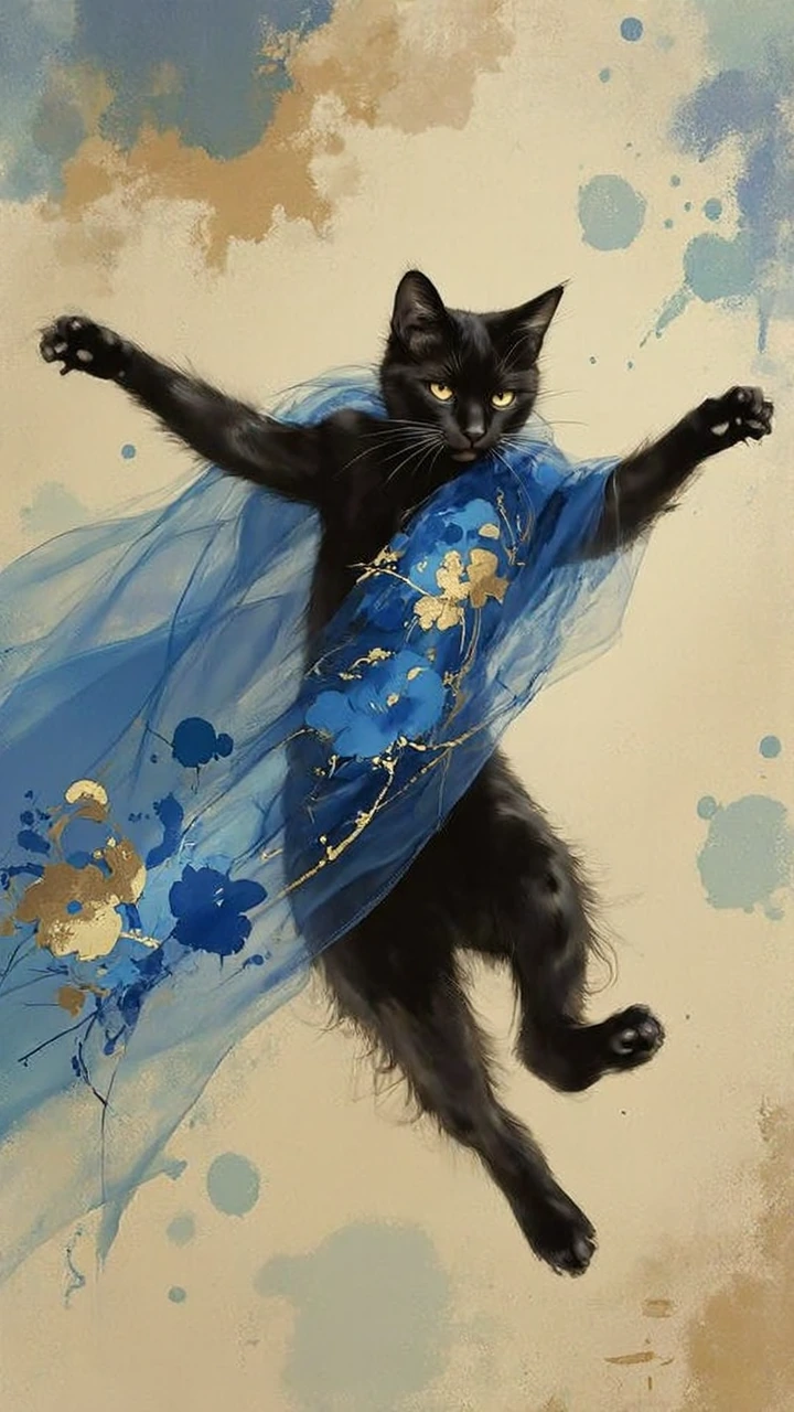 Un gato negro fotorealista capturado en pleno salto, cuerpo extendido y patas en el aire, expresión alerta, envuelto por una bufanda larga y translúcida azul que ondula con el movimiento, tela de gasa con patrones florales azul vibrante finamente det