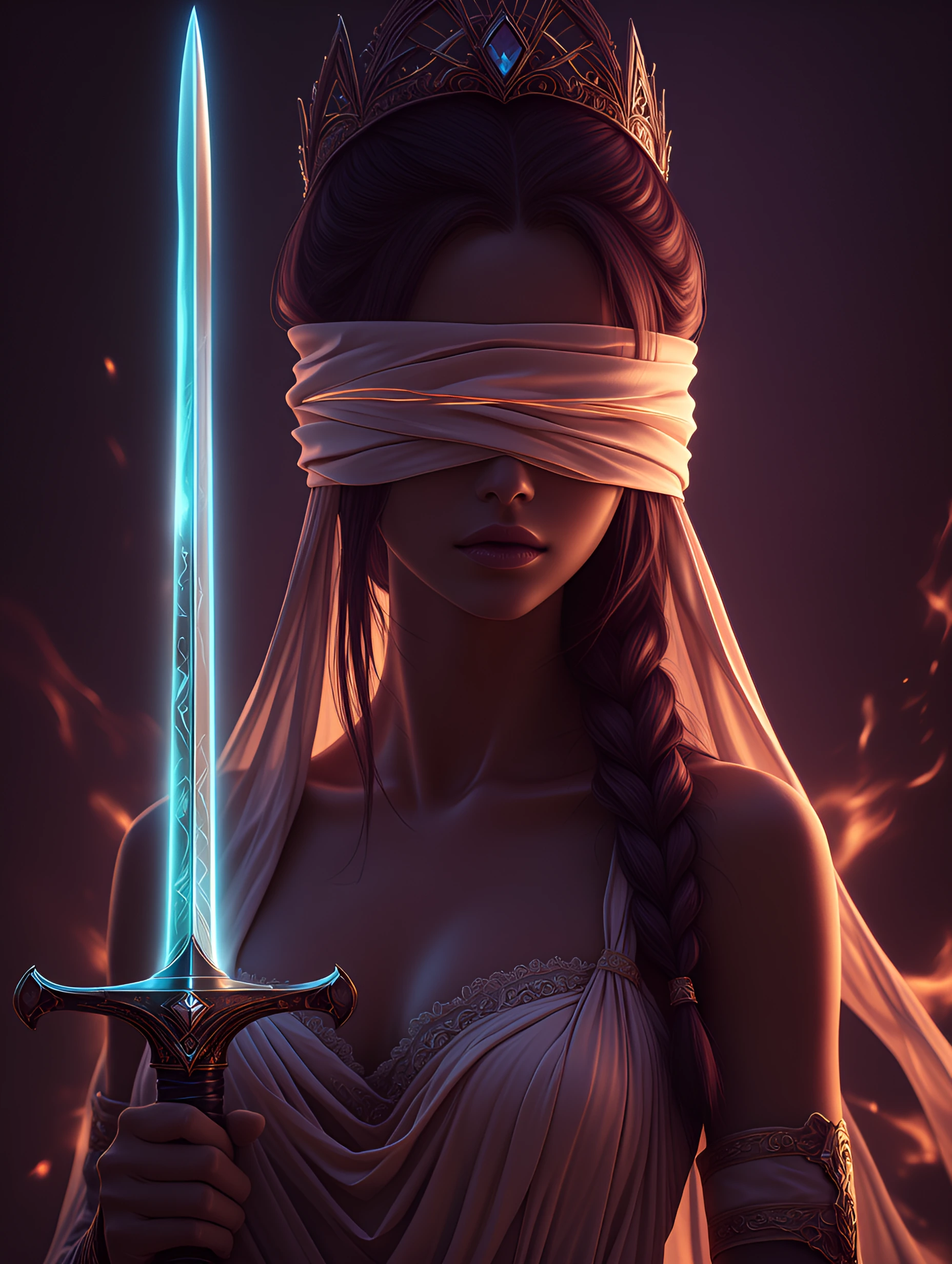# A Blindfolded Warrior Queen A figure stands in dramatic silhouette, crowned with an ornate tiara adorned with sapphire stones. Long, braided chestnu