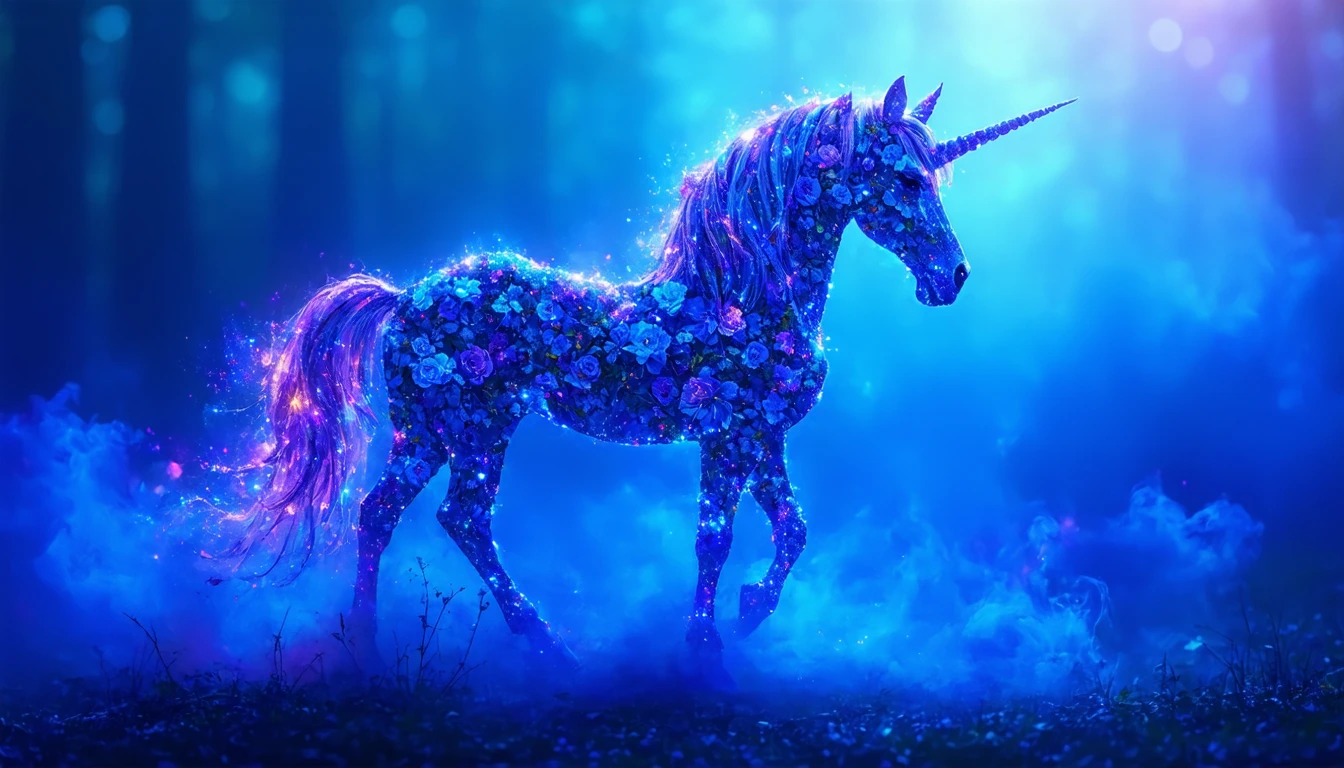 A fantasy floral fusion silhouette of a majestic unicorn, with intricate floral patterns forming the outline against a backdrop of vibrant sapphire bl
