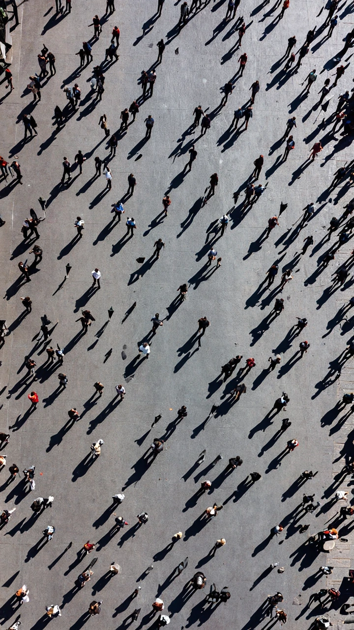 Aerial bird's-eye view looking straight down at a densely packed urban plaza or city sidewalk during midday, thousands of tiny human figures casting short sharp shadows across sun-bleached concrete, each person walking alone in their own trajectory,