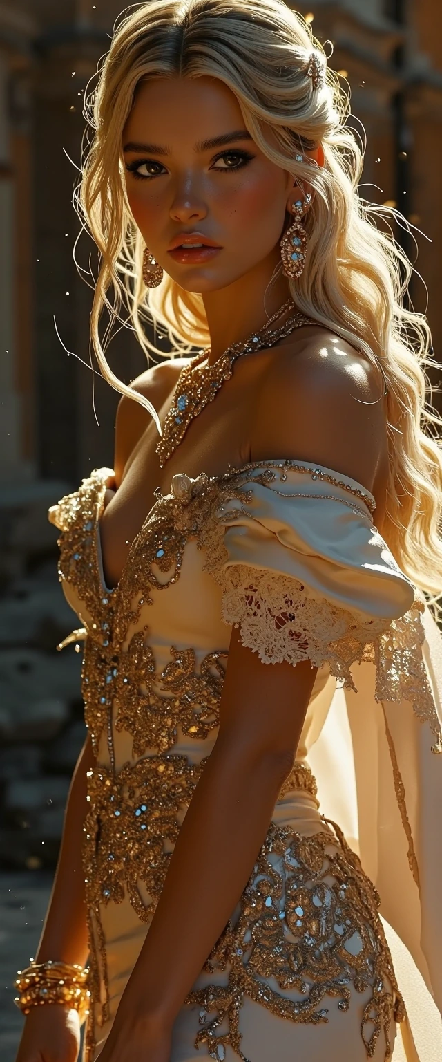 Ultra-photorealistic, hyper-detailed, full-body image of a young beautiful princess in a powerful, confident pose. Cinematic realism, sensual dominance conveyed through body language, posture. She stands with subtle hip tilt and arched spine, shoulde