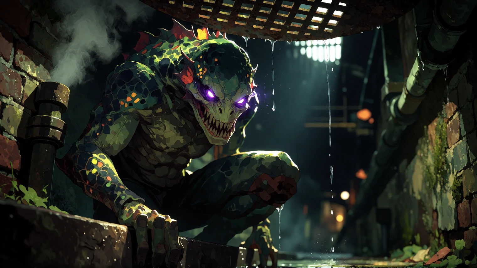 Illuminate a hulking sewer monster crouched in a rain-slicked storm drain, emerging only under cover of darkness. Render its skin in mottled swamp-green tones, slick with grime and dripping moisture, textured with warty ridges, cracked scales, and pa