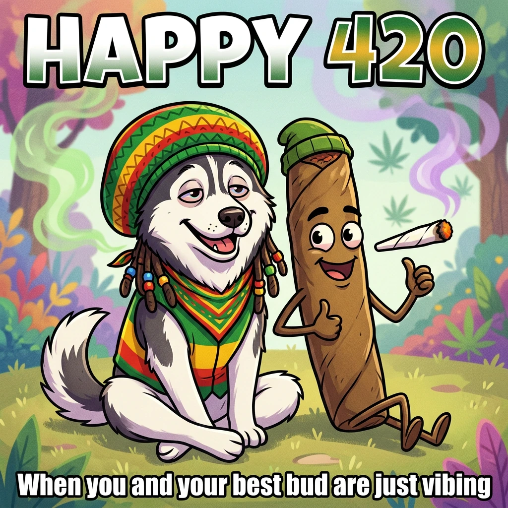a meme-ish image of 420, use a cartoon Drugged Husky with rastafari clothes, a human-like blunt, and the text "HAPPY 420"