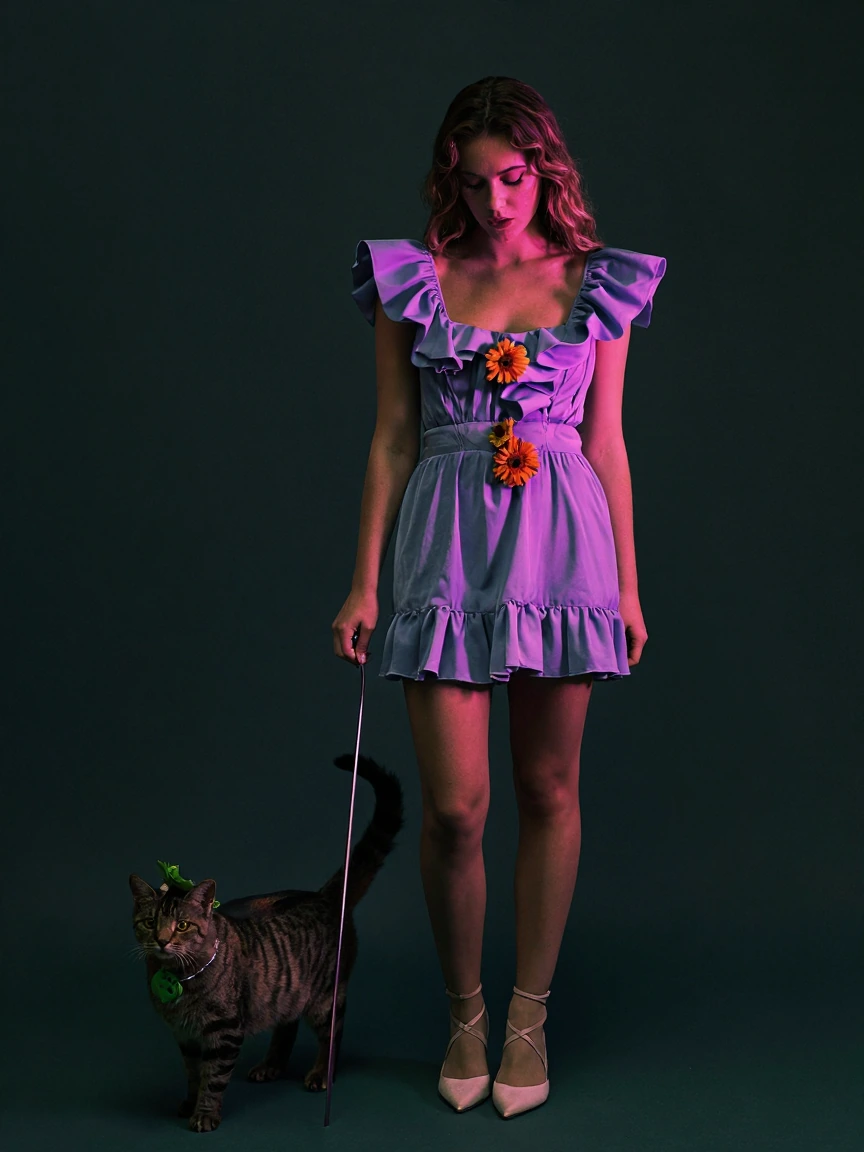 Woman in a frilly minidress and flowers . Cat nearby, All neon
