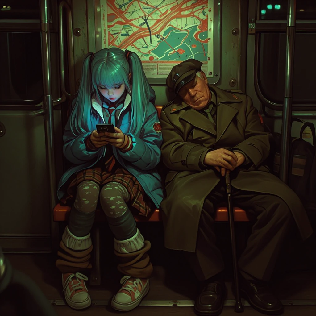 surreal urban moment inside a dimly lit Eastern European subway train, young girl with vibrant turquoise twin-tail wig styled like an anime character,