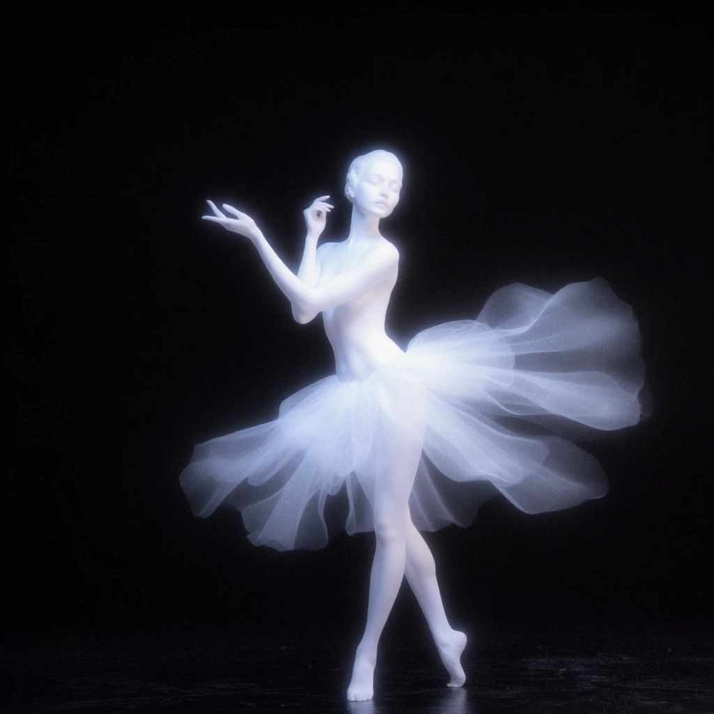white smoke dancer, solitary figure against pure black void, ethereal form contrasting with darkness