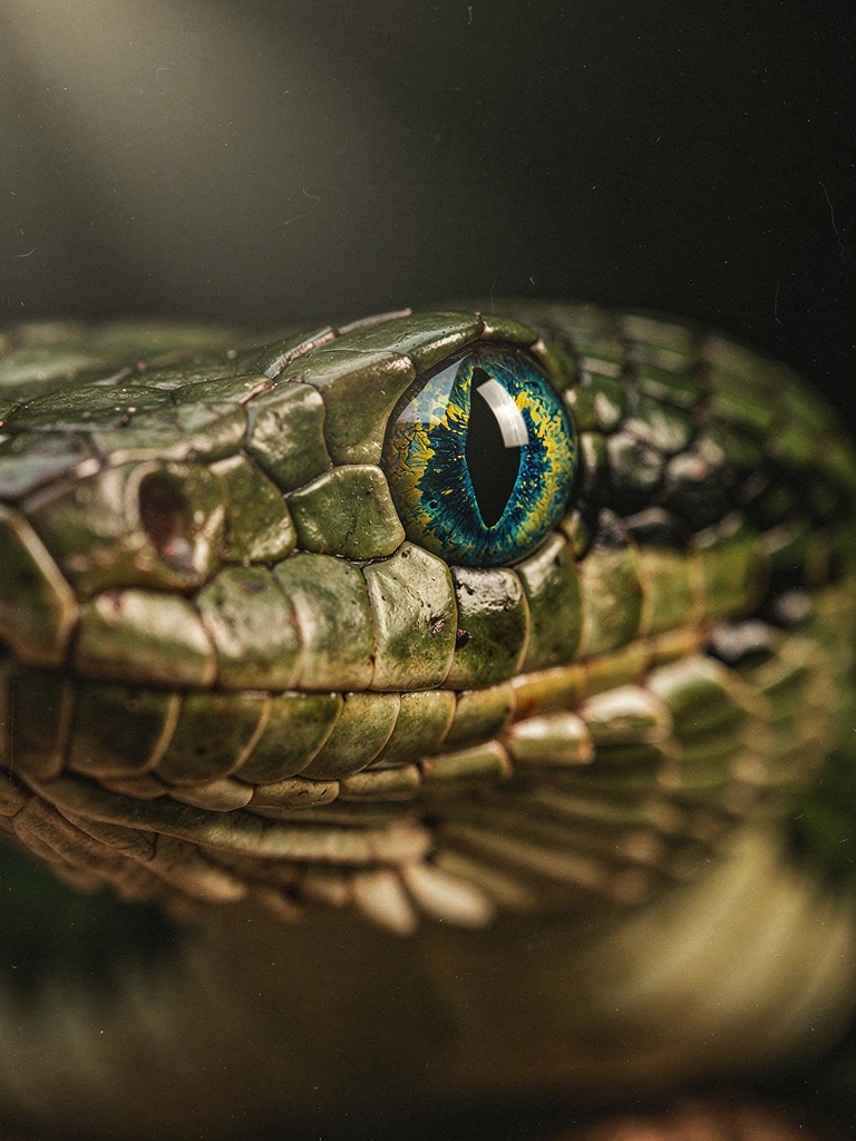 A hyper‑realistic close‑up of a pit viper with richly textured green‑brown scales and dramatic, moody lighting. The focus is on its vivid blue eye, no