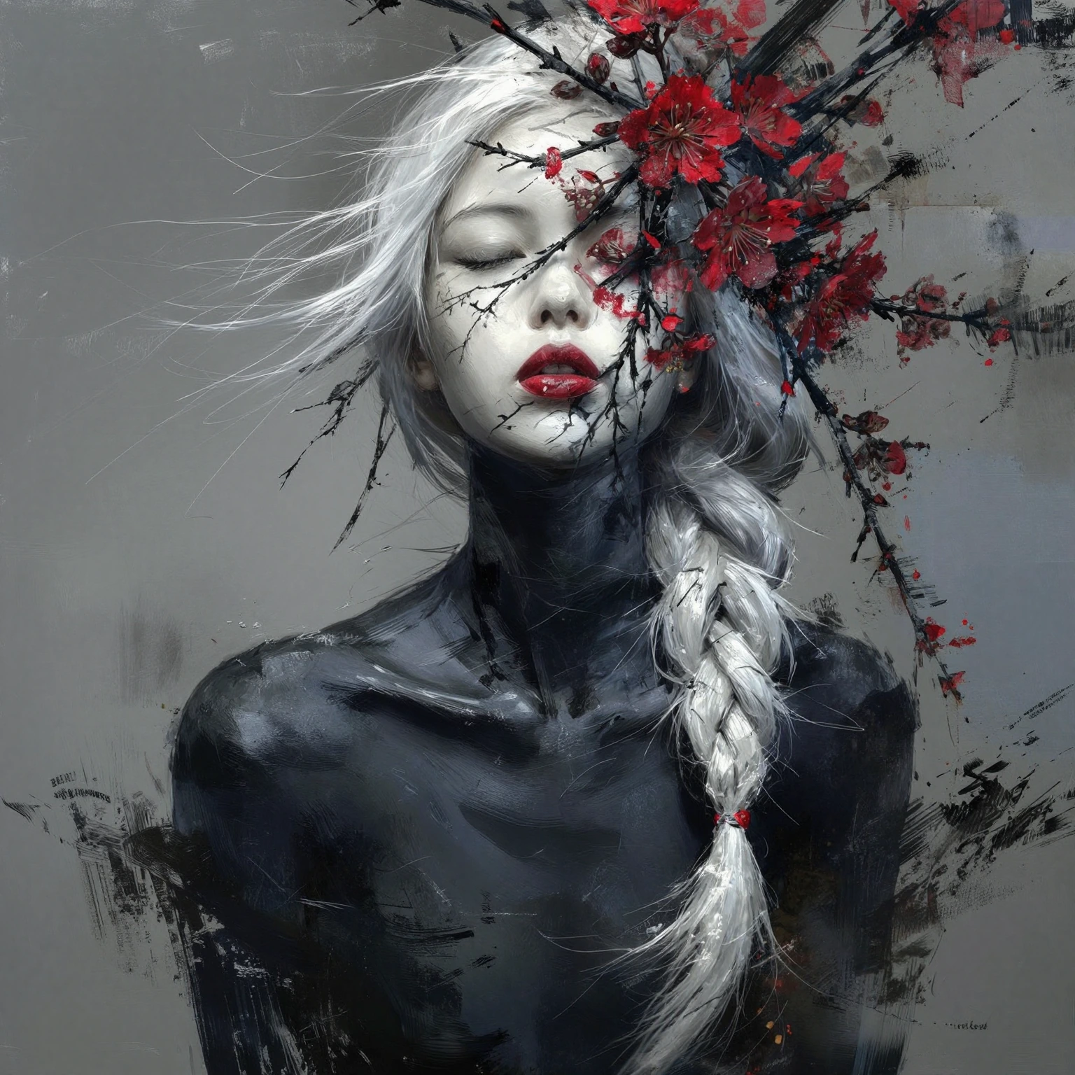 The palette is dominated by dark tones. The texture is pronounced, with brushstrokes and traces of paint visible, imitating the process of painting us