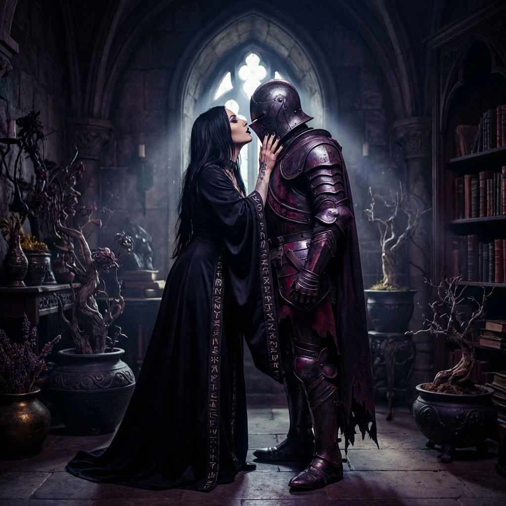 The Darkest Sorceress loves the Evil Villain Knight with all of her black heart and her black lipped kisses belong only to the evil knight.