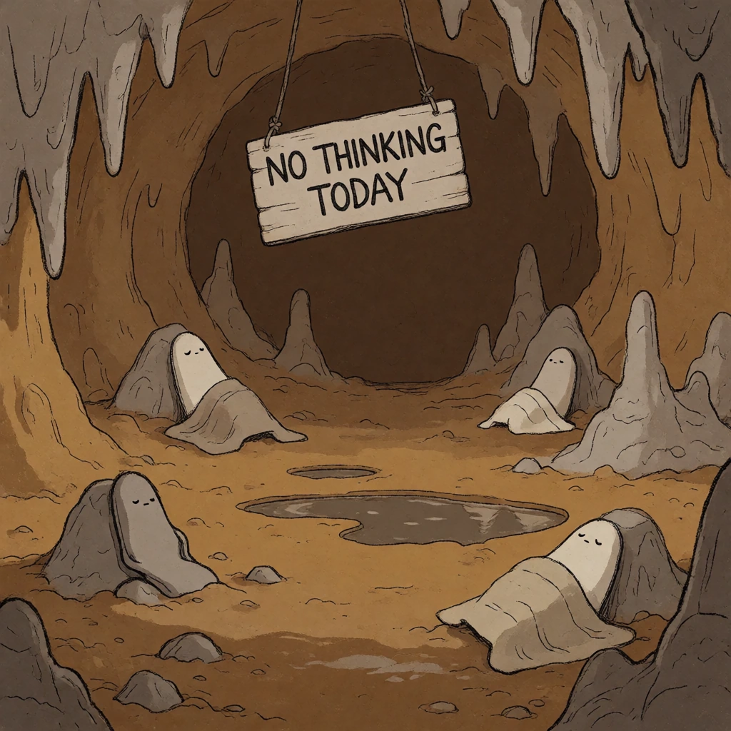 An original whimsical illustration of the doldrums as a cave-like world where thought goes to nap: a dim brown landscape with drooping stalactites and stalagmites, muddy ochre walls, soft dusty shadows, and stagnant little pools that barely reflect a