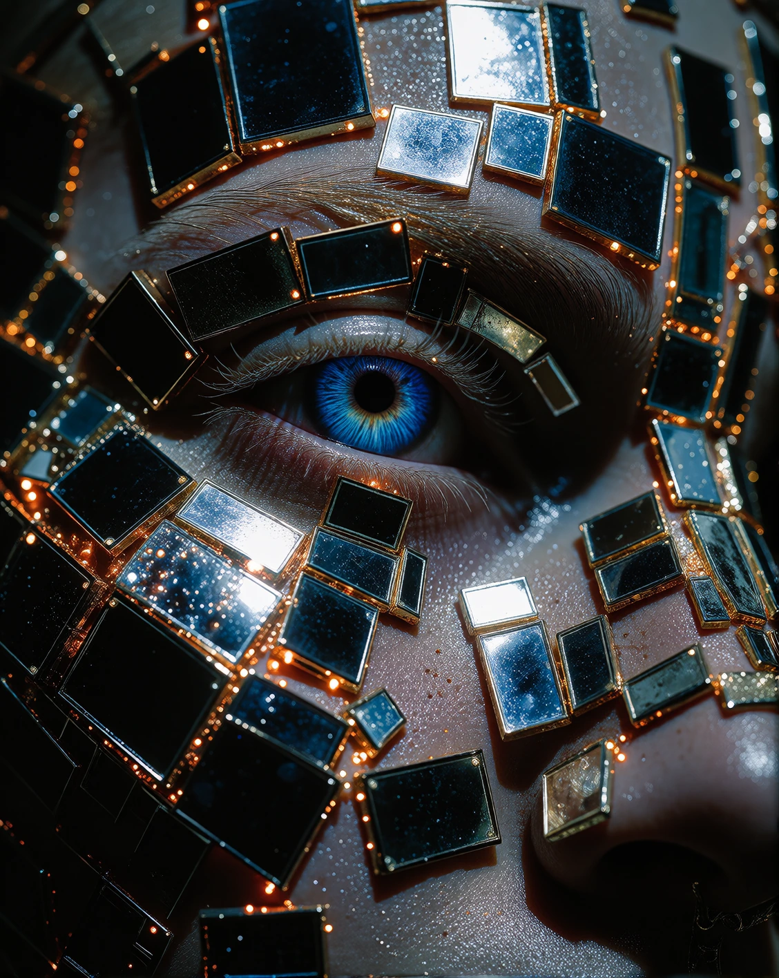 Extreme close-up portrait of a human face partially covered by reflective fragmented mirror shards arranged like a mosaic on the skin, irregular shard sizes and angles creating a textured patchwork, eyes prominently visible and glowing with intense f