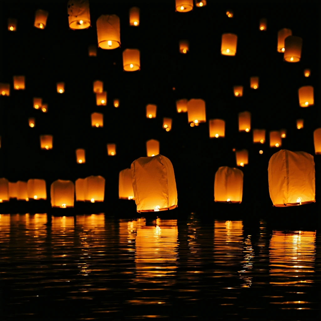 dreamscape of floating lanterns at twilight, film-grain aesthetic, moody tones