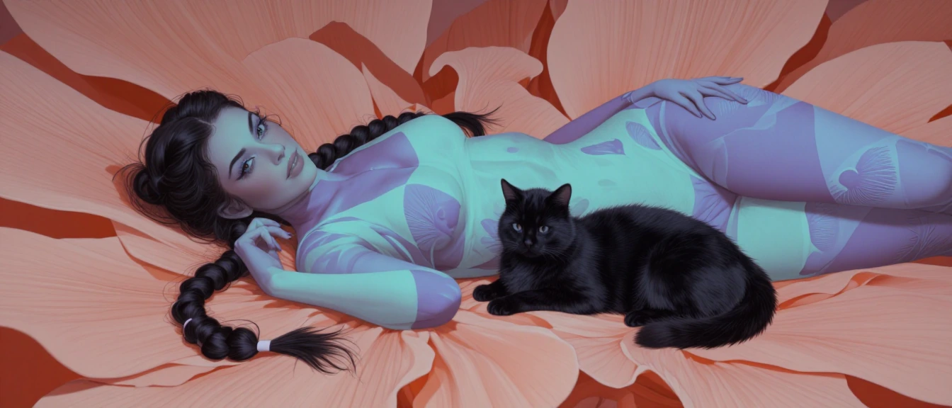 Wide shot of a bombshell brunette woman with twin tail braids, patchwork skin in purple and aqua tones lying among giant orange-pink petals with a black cat resting on her chest, soft fantasy lighting