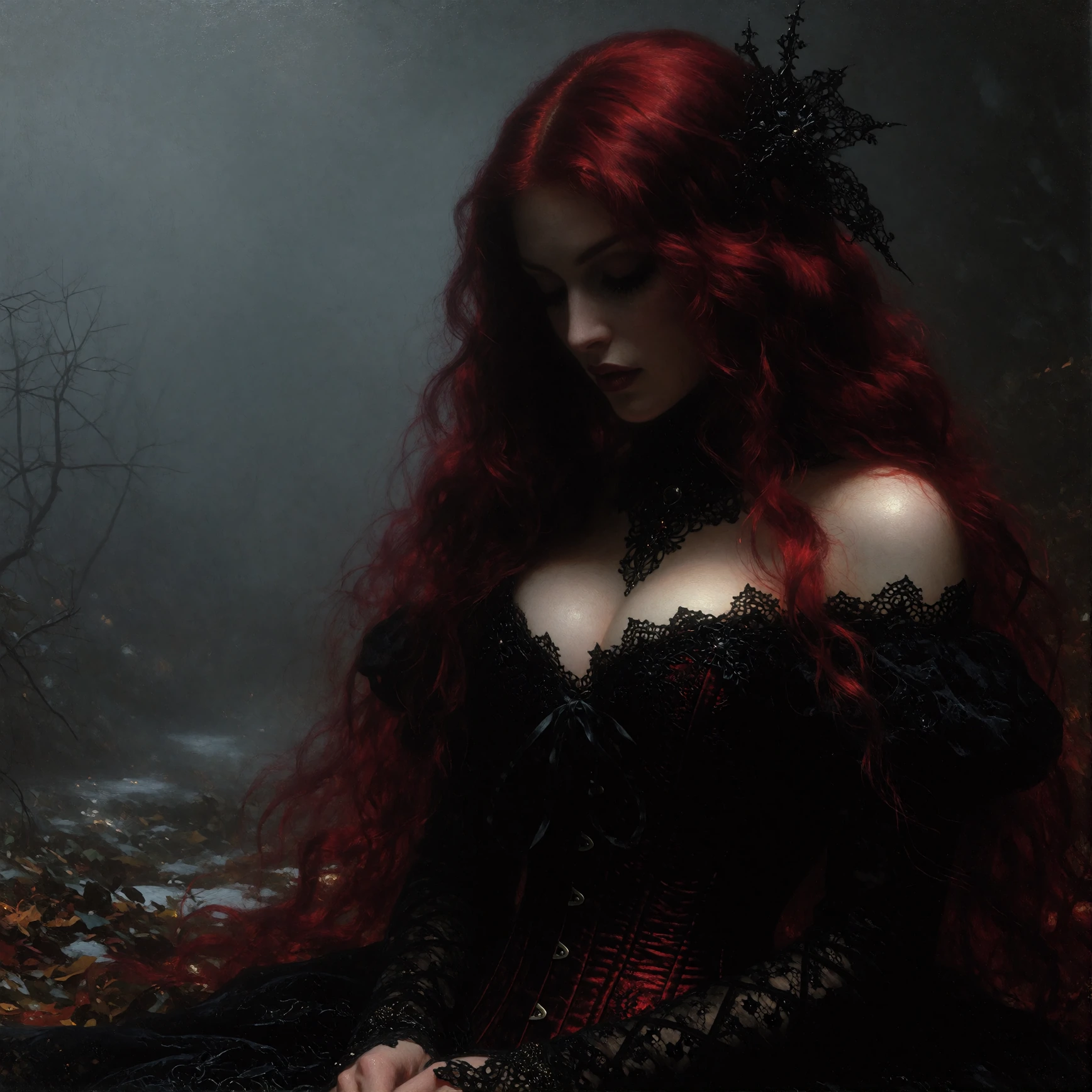 Victorian Gothic portrait, magnificent cascading crimson hair, Corset, lace, chiaroscuro, femme fatale, dark fantasy, Oil Painting, by John William Waterhouse, highly detailed, dramatic, atmospheric, by Brom, breathtaking