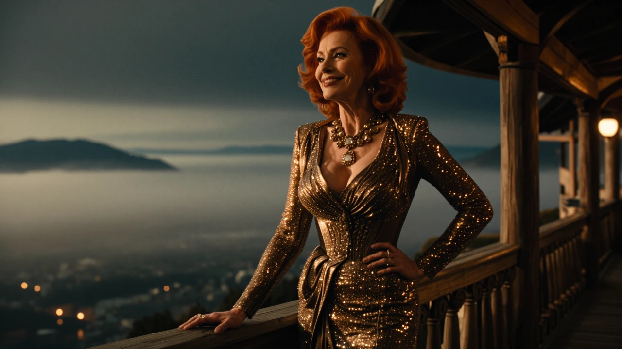Glamorous older woman, elite con artist, red hair, glamorous short skirt sexy luxury casual outfit in luxury setting with incredible view and landscape, smile, pose, beautiful, romantic, love