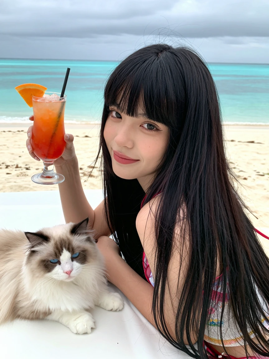 Amateur photo of a woman, long straight black hair with bangs at the beach in the Bahamas with a cat, relaxing, ambience, fancy drinks