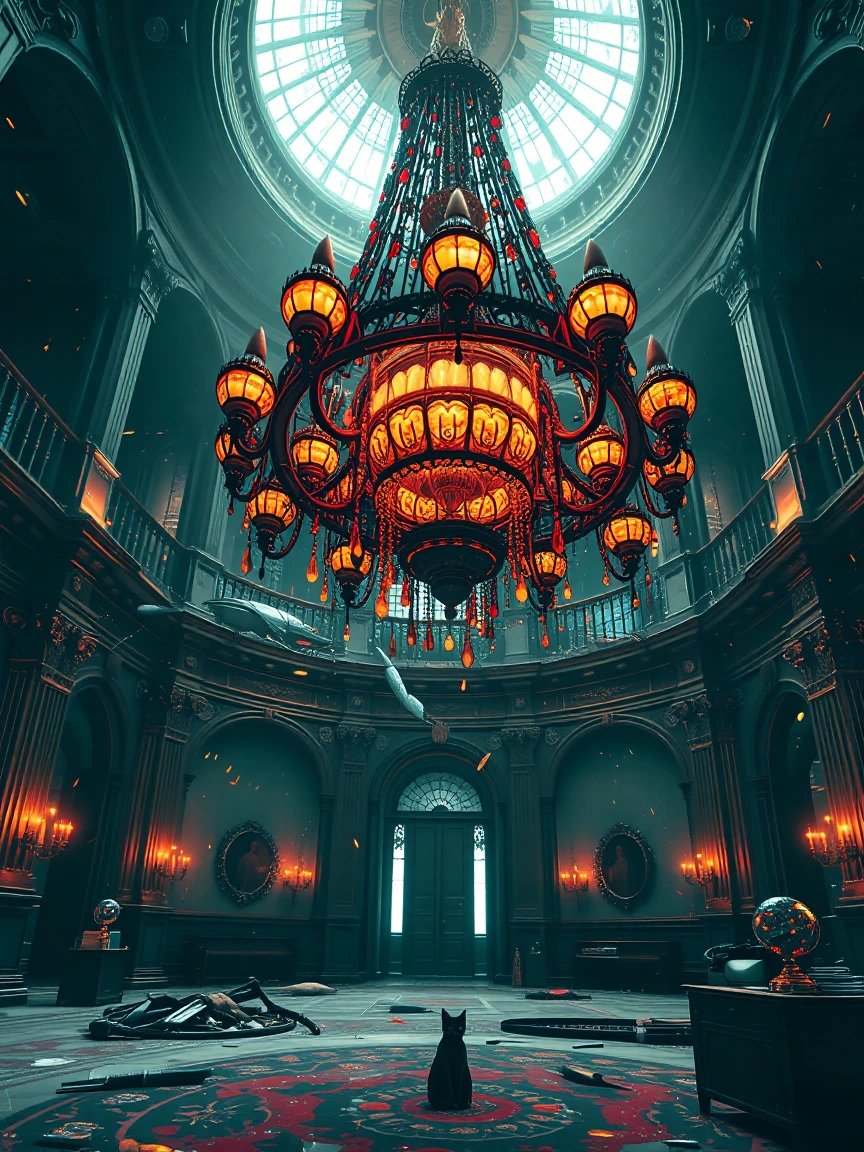 a chandelier of fireflies over a ruined ballroom. Add a cat.
