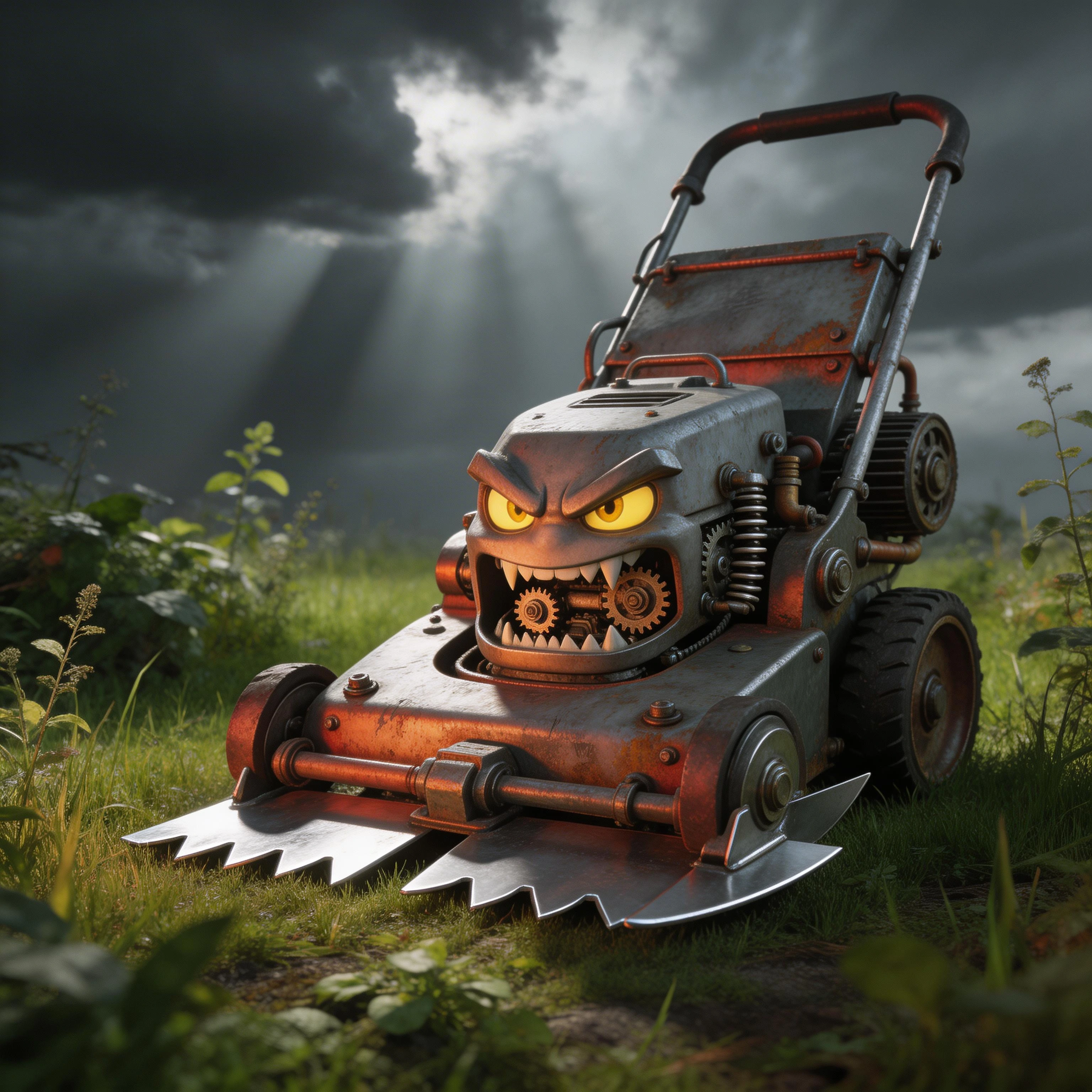 a sentient lawn mower with anthropomorphic features, furious expression with intense glaring eyes, mechanical body fused with human characteristics, rusty metal chassis with angry eyebrows, dramatic cinematic lighting casting sharp shadows, moody sto