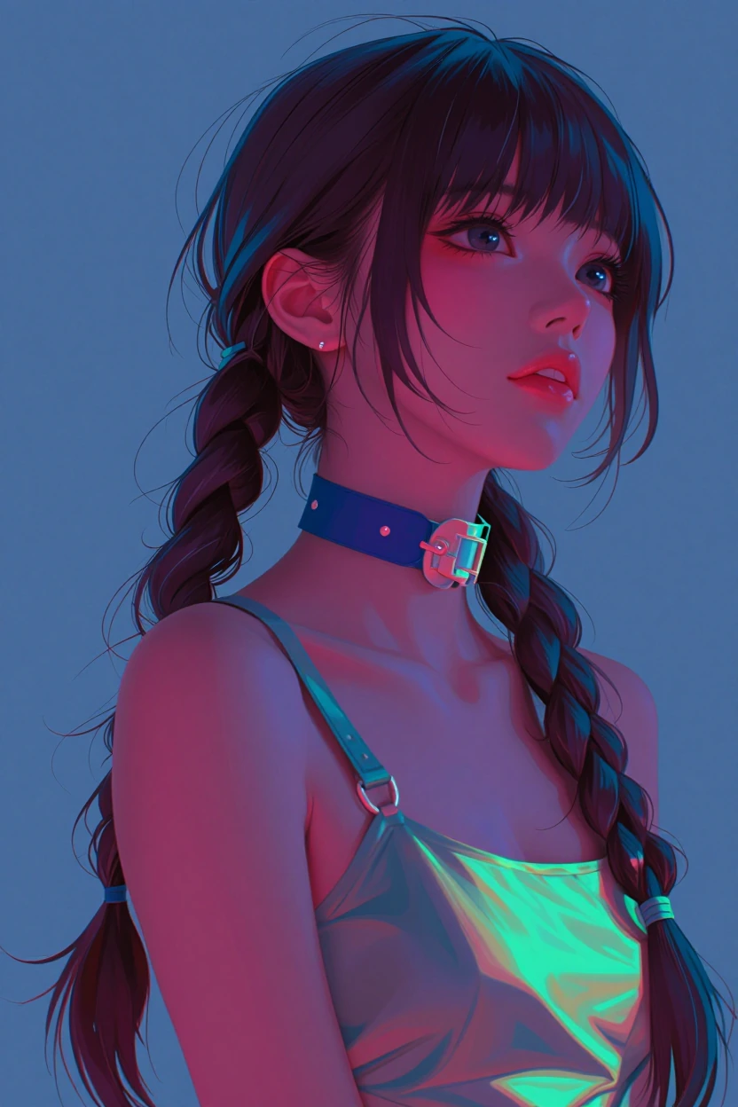 1girl , solo , choker ,neon colors, colors splash effect, long brunette hair , twin braids masterpiece, best quality, amazing quality , n3k0, no linea