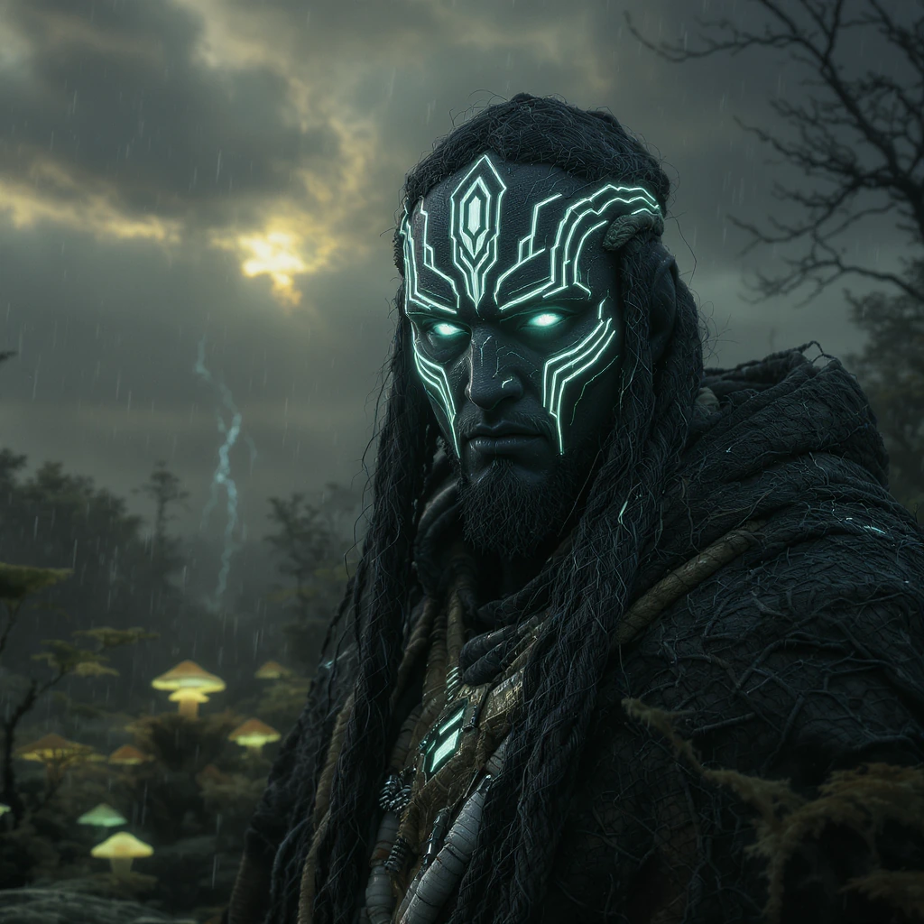 high dynamic range HDR photography of a mystical Future Shaman Protocol scene, captured with precise attention to detail, featuring a shamanic figure 