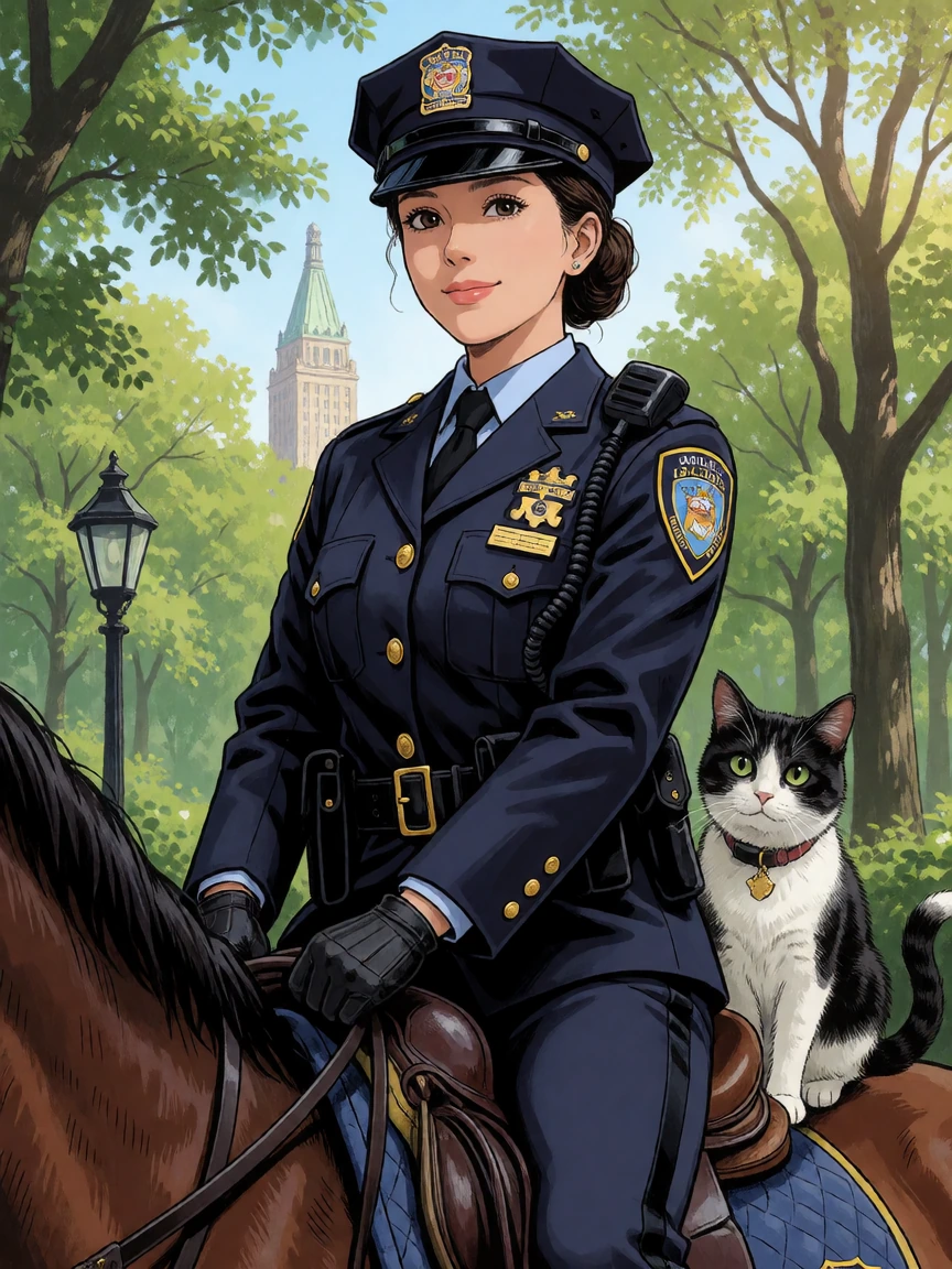 Beautiful policewoman with her cat patrolling Central Park on her horse. Realistic manga