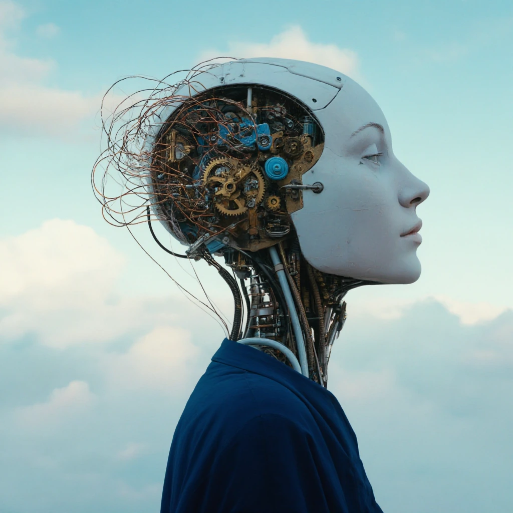 This striking artwork depicts a mechanical android head in profile against a serene, clouded sky. The figure's pale, sculpted face contrasts sharply with exposed brass machinery and blue-painted mechanisms visible within the cranium. Copper wires and