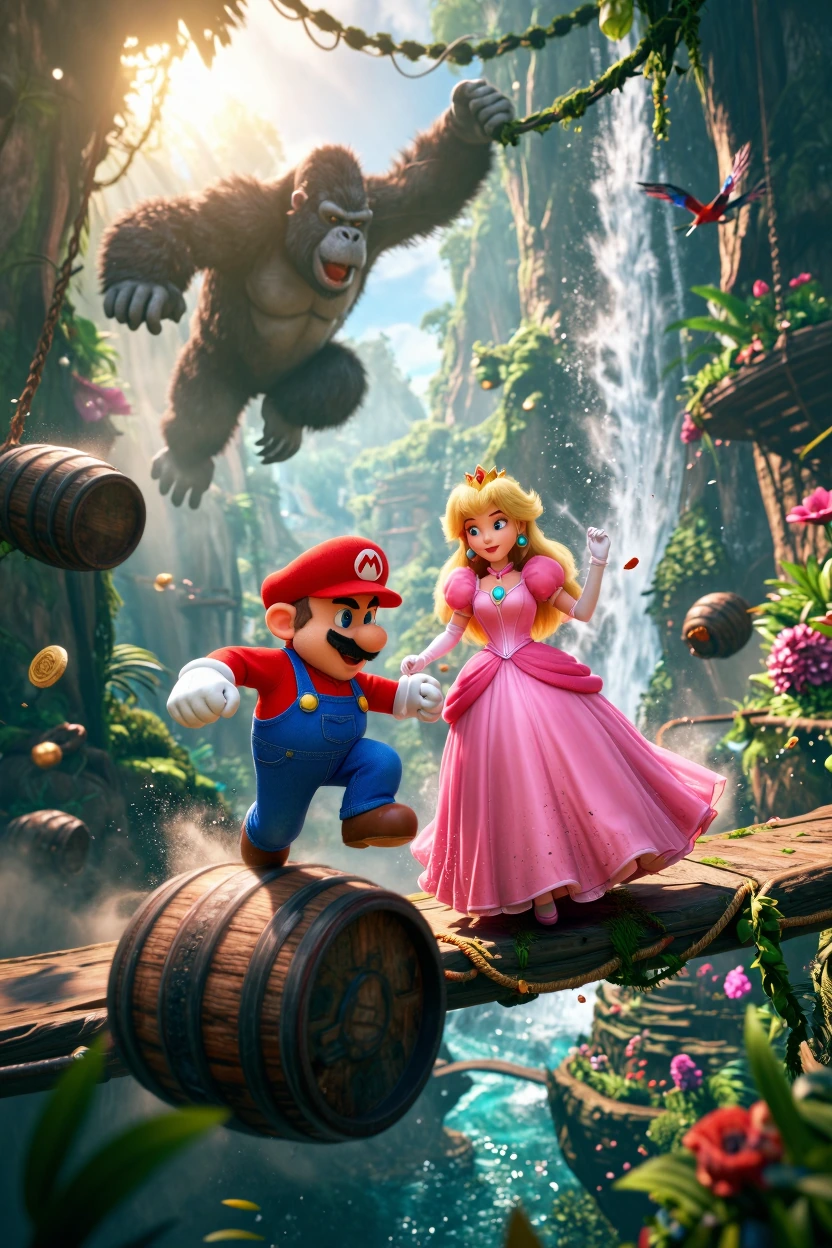 Create an action-packed, hyper-realistic cinematic jungle platforming adventure featuring a mighty gorilla racing across towering wooden platforms, swinging through massive vines, climbing ladders, dodging enormous rolling barrels, crossing precariou