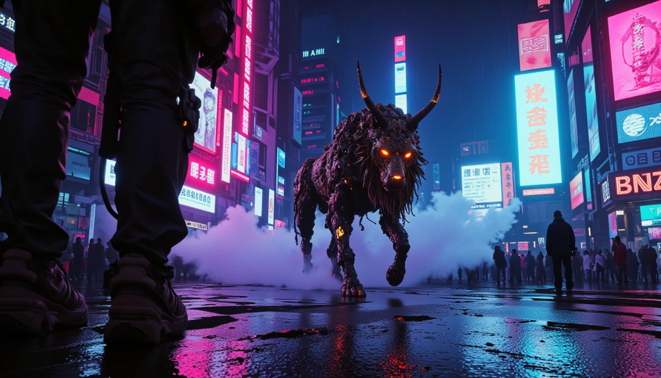 A majestic animal walking through a rain-soaked cyberpunk city at night, neon signs reflecting in puddles, volumetric fog, dramatic rim lighting, cinematic photograph