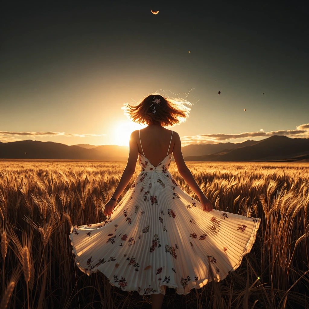 masterpiece, best quality, amazing quality, (monochrome:1.5), (diffraction spikes:1.3), 1girl, solo, short hair, orange hair, windblown hair, hair ornament, flower in hair, from behind, summer dress, pleated dress, white dress, spaghetti strap, flora