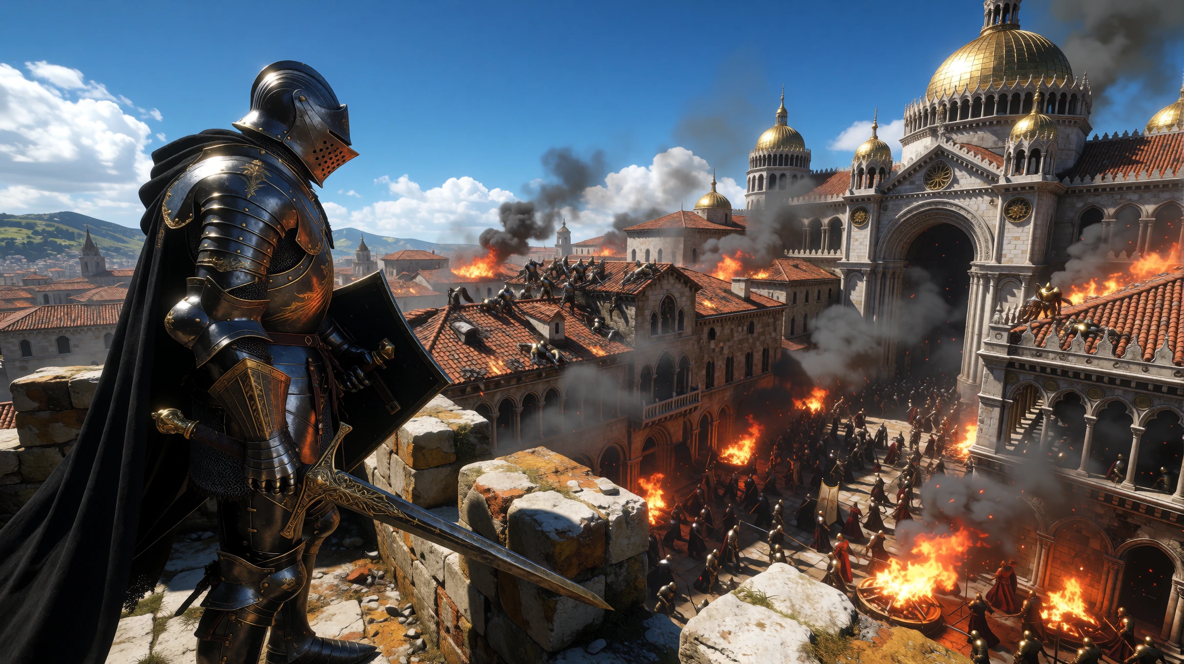 A heroic knight clad in sleek blackenamelled armour stands resolutely atop a weathered stone battlement, his chiselled side profile sharply outlined against a vivid azure sky. Below, the Holy City burns as a goldenarmoured antagonist directs mercenar