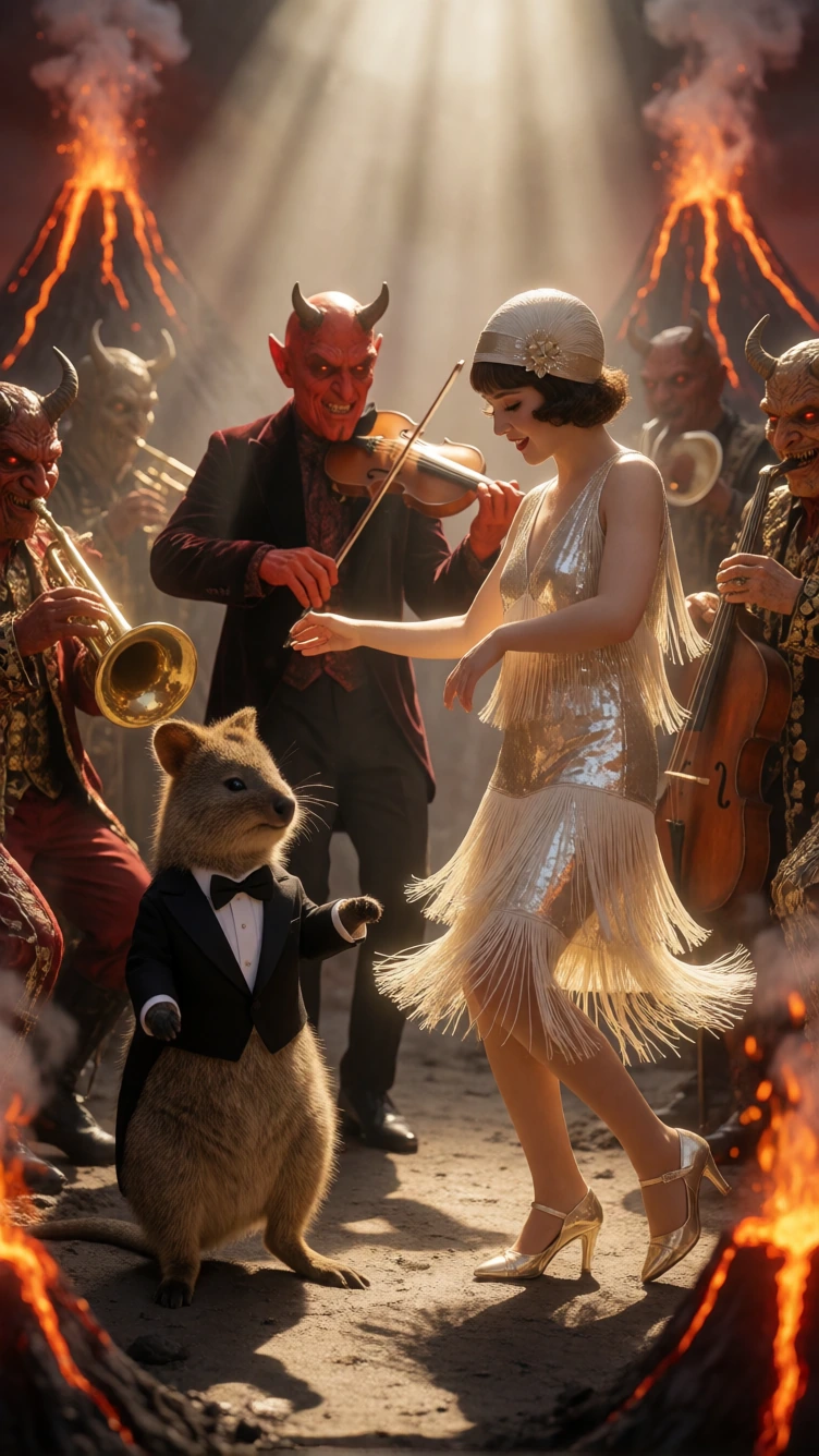 A quokka in a tuxedo with no shoes and a flapper in a fringed lamé dress, cloche and two-inch healed dance shoes swing dancing through Hell with the d
