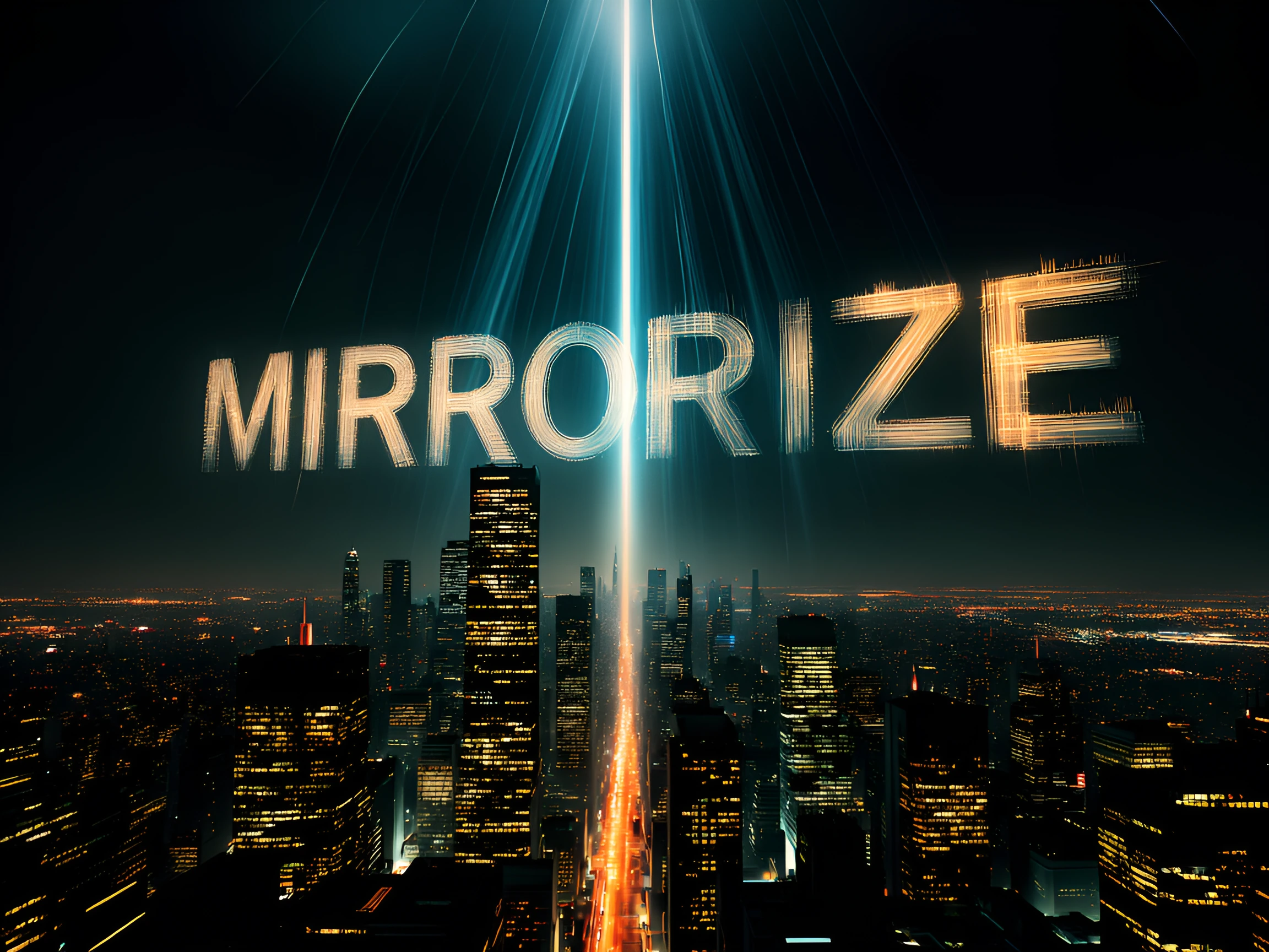 A cinematic night-time cityscape with glowing skyscrapers and neon lights, viewed from a slightly elevated perspective. In the dark sky above the city, the word "MIRRORIZE" is written in bright, dramatic light, as if projected by a massive spotlight