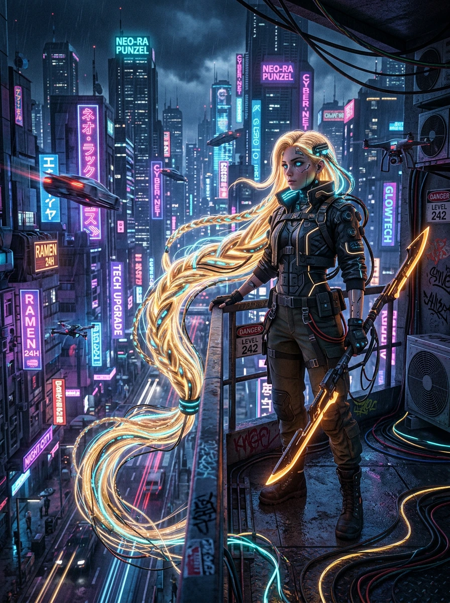 Rapunzel if she was in cyberpunk