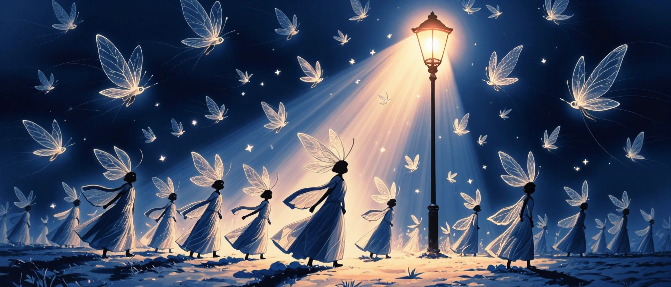 Moths in solemn procession around a dead streetlamp, drawn in Makoto Shinkai style with volumetric light shafts cutting through deep indigo night. Tra